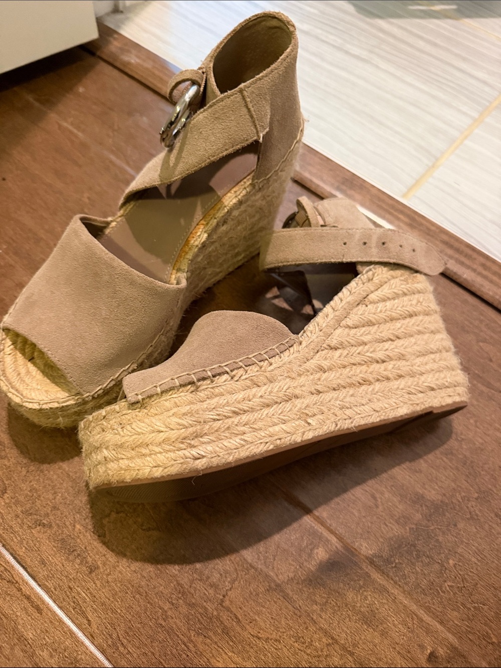 Marc Fisher Tan Suede Espadrille Wedge Sandals